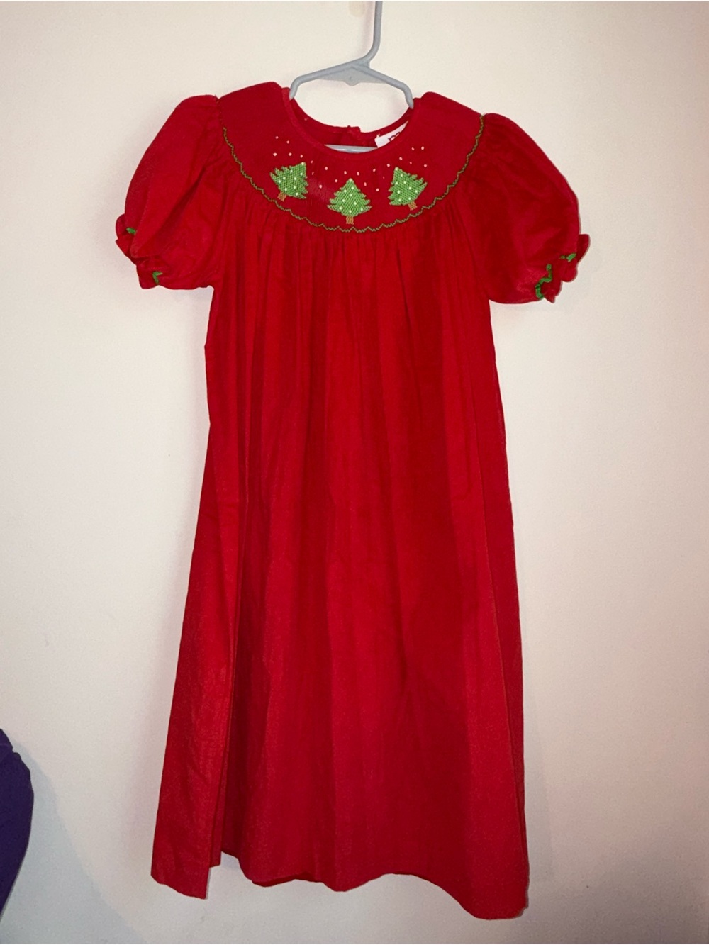 Red Holiday Smocked Girls' Dress with Green Tree Motif